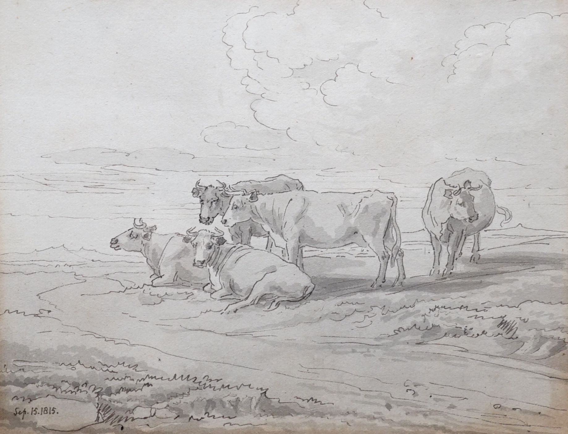 John White Abbott (1763-1851), Cattle resting, pen and wash drawing, inscribed Sep.15.1815, 15 x 19cm